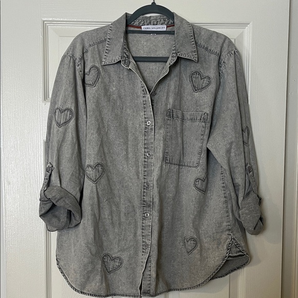 Jane and Delancey Tops - Jane and Delancey Gray Washed Heart-Embroidered Button-Up Blouse